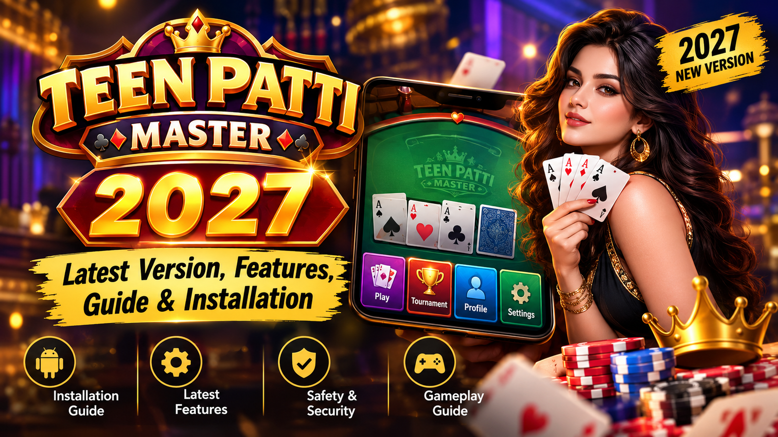 Teen Patti Master 2027 app shown on an Android phone screen with three playing cards on a card table