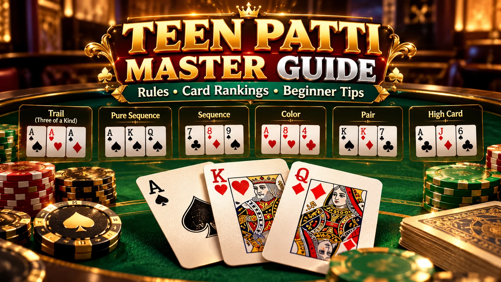 Teen Patti Master Guide showing card rankings, game rules, and beginner tips with examples of Trail, Pure Sequence, Sequence, Color, Pair, and High Card.